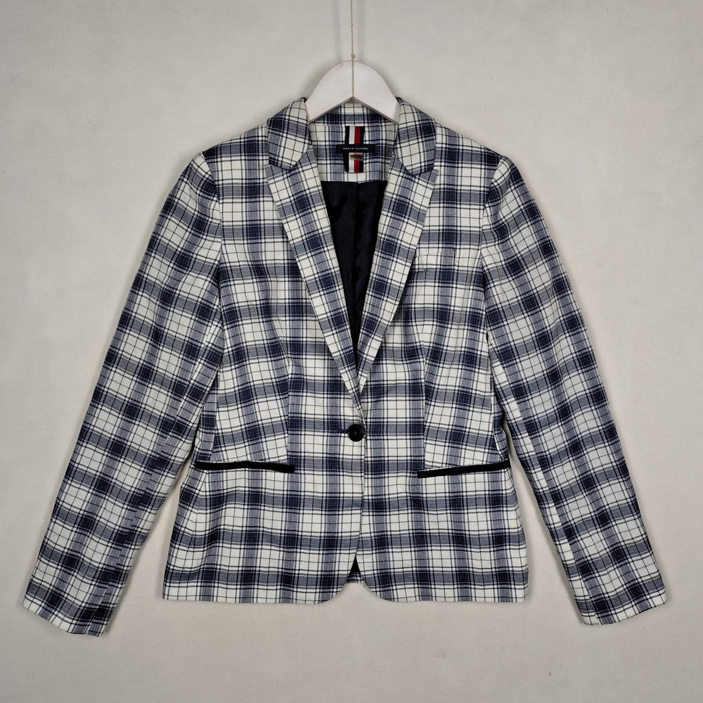 Tommy Hilfiger Womens Plaid Blazer Navy White Elbow Patches Size 6 RN 54163